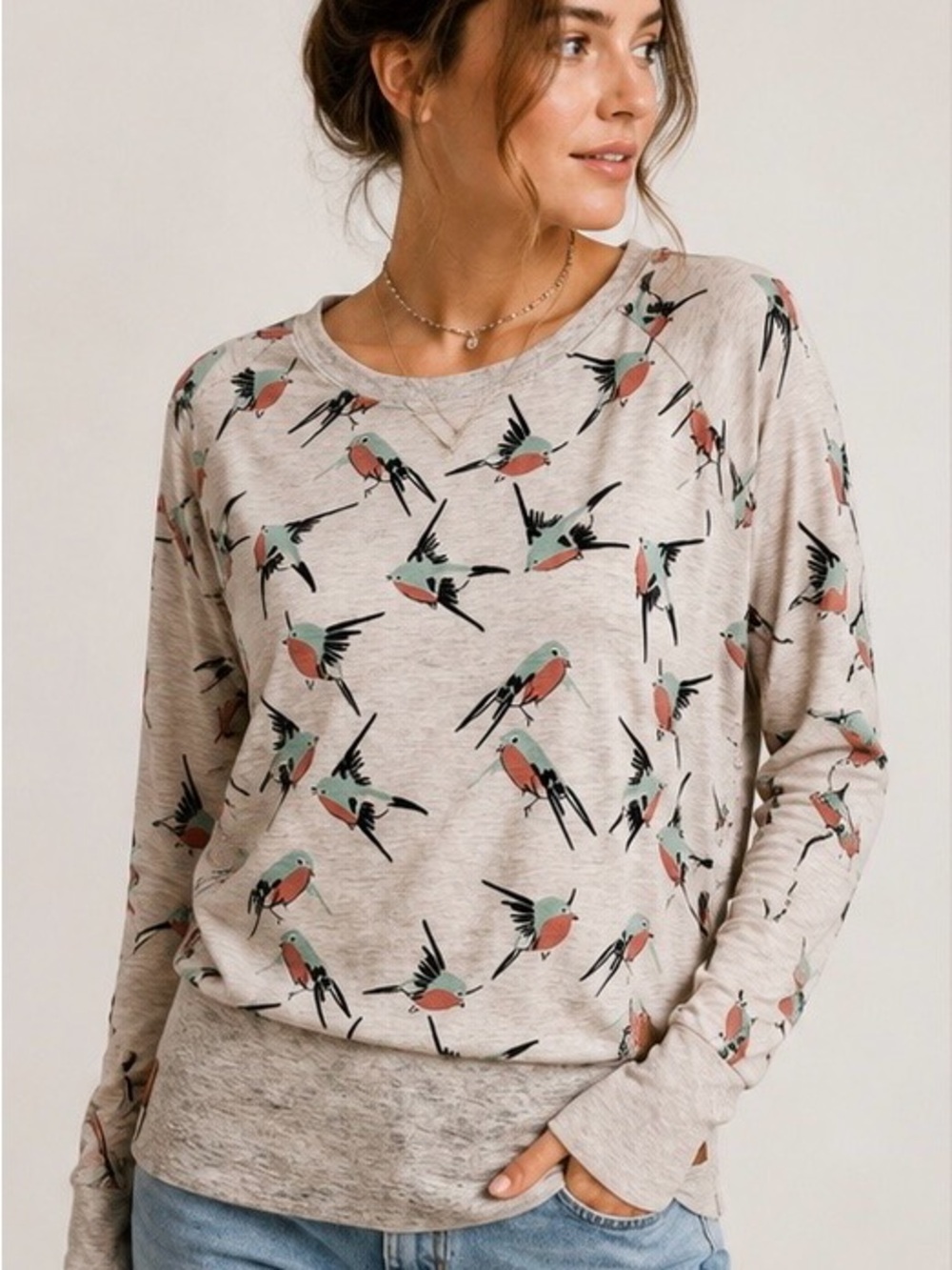 Naketano Light Beige Bird-Print Pullover with Coral & Mint Accents
